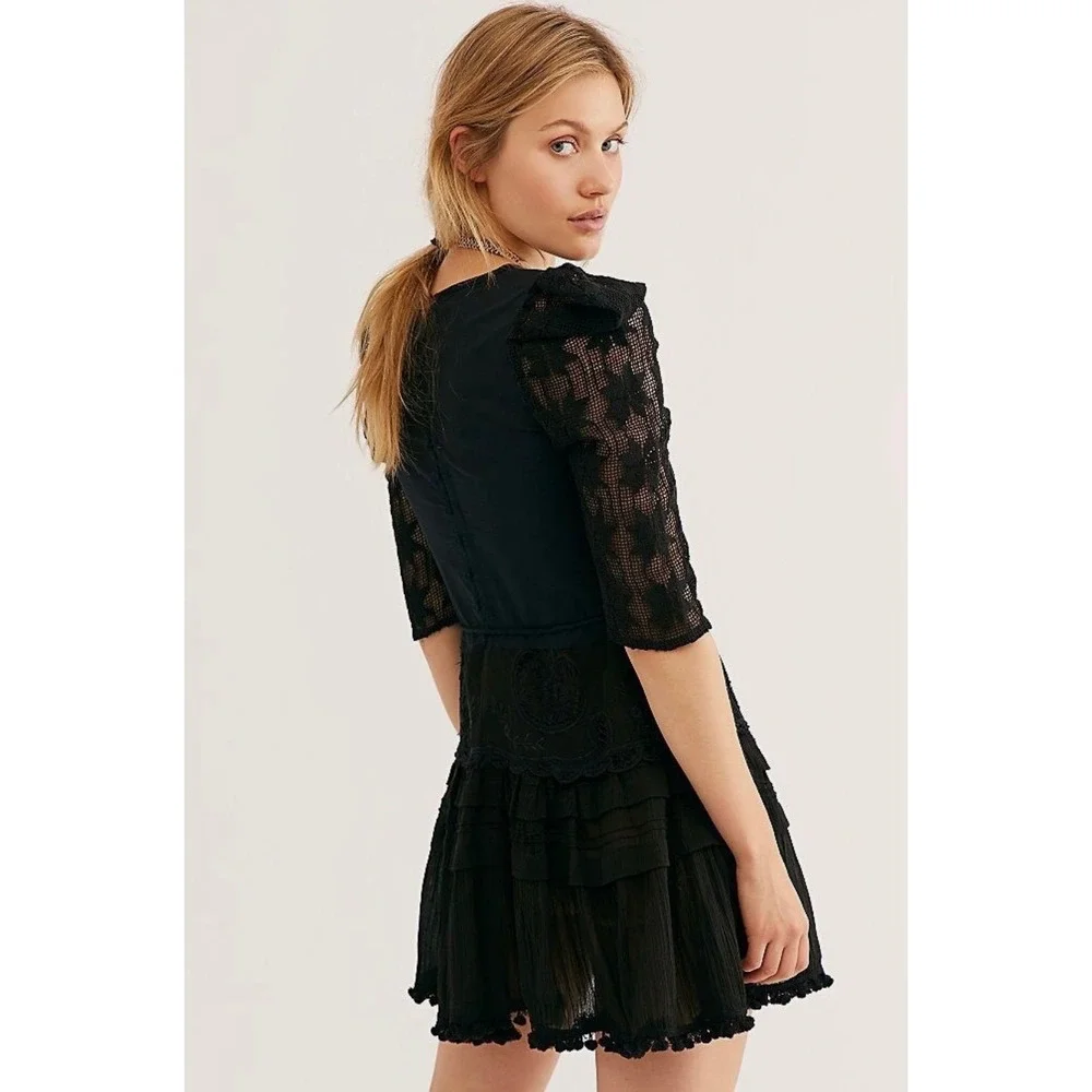 C30 Free People Place Nationale La Tourrache Lace Puff‎ Sleeve Embroidered Dress